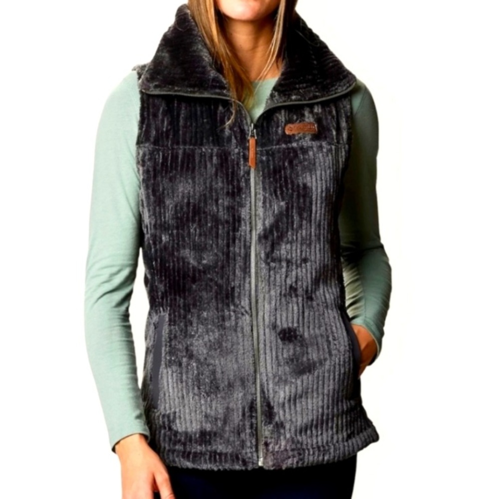 COLUMBIA Fireside Sherpa Ful Zip Jacket Charcoal Grey Vest Hi Collar Women’s L